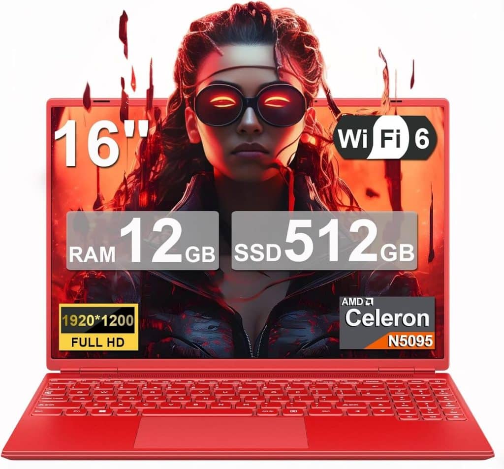 Test du PC portable rouge Win11 16'' Celeron N5095 avec souris et clavier azerty