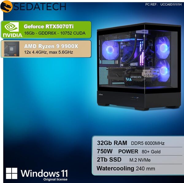Sedatech PC Gamer Pro Watercooling Full Vision • AMD Ryzen 9 9900X • RTX5070Ti • 32Go DDR5 • 2To SSD M.2 • Windows 11