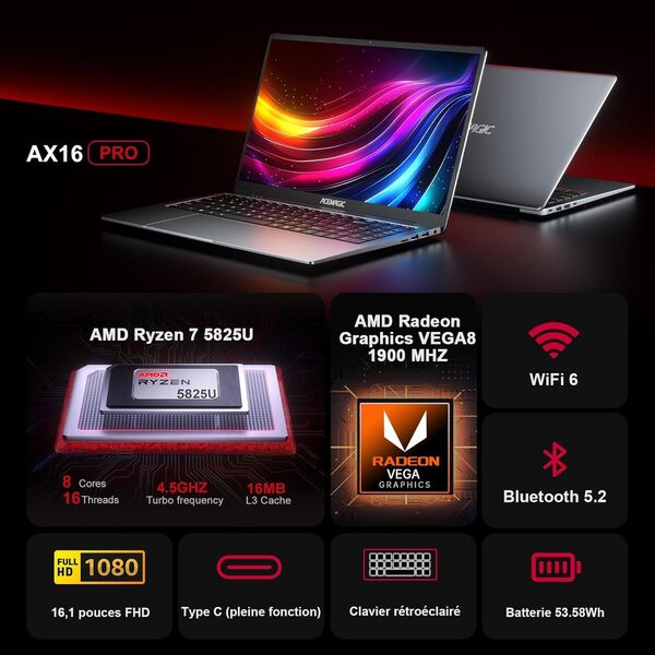 ACEMAGIC 2025 Ordinateur Portable Gaming 16,1 Pouces avec Boîtier en Métal AMD Ryzen 7 5825U(8C/16T,4,5GHz) Rétroéclairage pour PC Portables Gamer,16Go Sodimm DDR4x2,512Go M.2 SSD,WiFi 6,BT5.2,Type C
