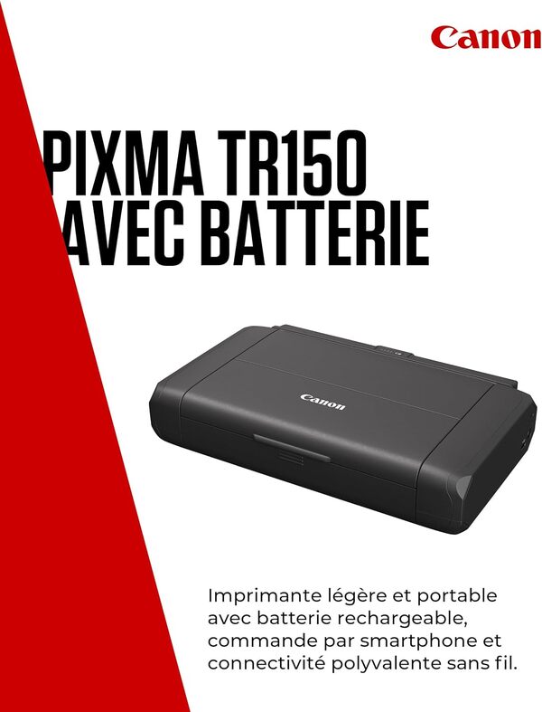 Canon PIXMA TR150 Imprimante avec Batterie - Imprimante Portable sans Fil avec Batterie Rechargeable, Système d'encre Hybride, Écran OLED - Imprimante Compacte et Rapide