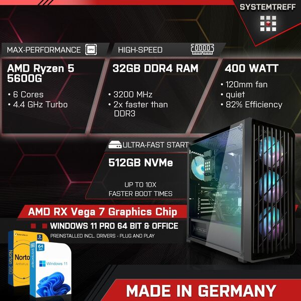 SYSTEMTREFF PC Gamer Basique AMD Ryzen 5 5600G 6x4.4GHz | AMD RX Vega 7 | 512Go M.2 NVMe | 32Go DDR4 RAM | Windows 11 | Ordinateur de Bureau WLAN pour Les Joueurs, Les Gamers