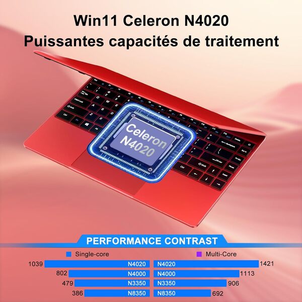 Ordinateur Portable 14 Pouces Win11 256Go SSD Soutien Extension 1TB,Pc Portable Celeron N4020 Pas Cher FHD 1080 5G WiFi BT4.2 inclut Souris sans Fil&AZERTY Clavier Couverture-Rouge