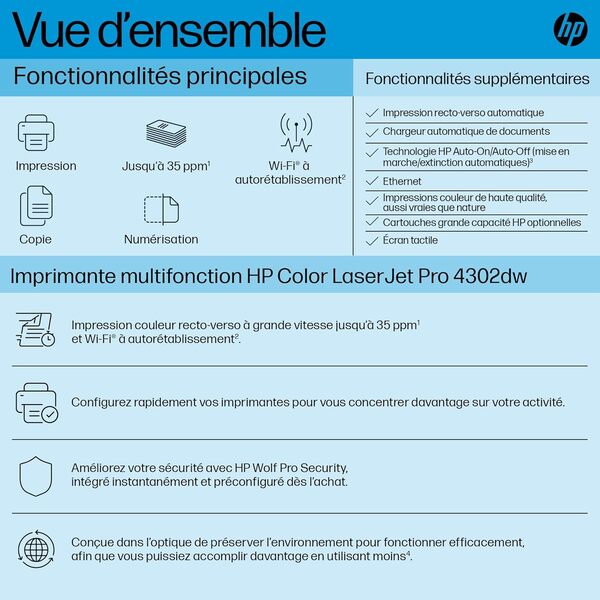HP Color LaserJet Pro 4302dw Imprimante multifonction Laser couleur (Photocopie, Scan, Impression, A4, Recto/Verso automatique, WiFi, Chargeur automatique de documents), Bleu