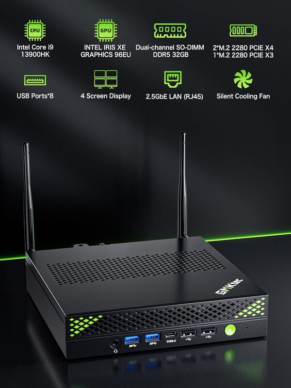 GMKtec K10 Mini PC Workstation, Intel Core i9-13900HK (14C/20T, jusqu'à 5,4 GHz), Mini-Ordinateur 64Go DDR5 et 1To SSD, Quad-Écran, 8× Ports USB/COM/HDMI/DP pour Bureau et Professionnel