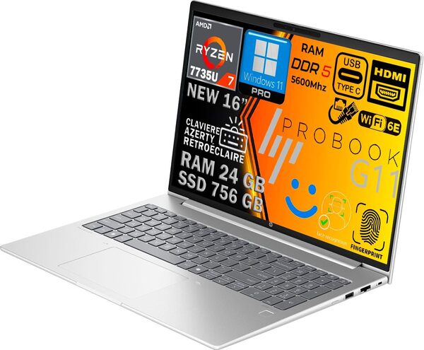 HP ProBook 465 G11 Ordinateur Portable Ryzen 7 7735U, RAM 24Go DDR5, SSD 756Go, Écran 16