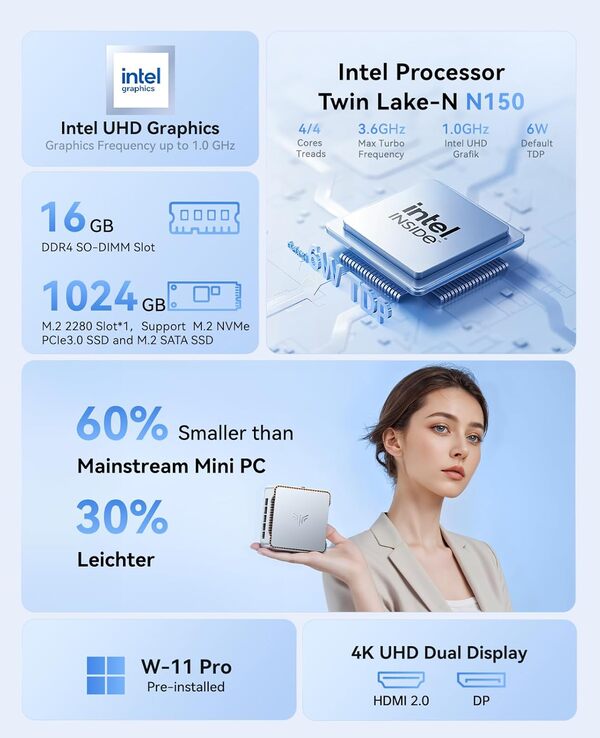 NiPoGi Essenx E2 Mini PC, Ιntel Twin Lake N150(jusqu'à 3,6 GHz), 16 Go DDR4 1024 Go M.2 SSD Mini Ordinateur de Bureau, 4K Double écran, HDMI, DP, Double WiFi, Tour PC avec VESA pour école/Bureau.