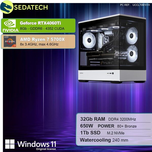 Sedatech PC Gamer Advanced Watercooling Vision XL • AMD Ryzen 7 5700X • RTX4060Ti • 32Go RAM • 1To SSD M.2 • Windows 11