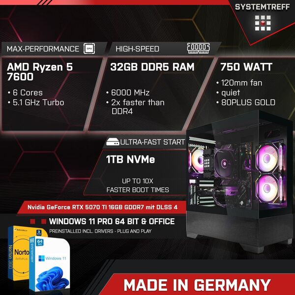 SYSTEMTREFF PC Gamer AMD Ryzen 5 7600 6x5.1GHz | Nvidia RTX 5070 TI 16GB GDDR7 mit DLSS 4 | 1To M.2 NVMe | 32Go DDR5 RAM | Windows 11 Pro | Ordinateur de Bureau pour Les Joueurs, Les Gamers& Streamer