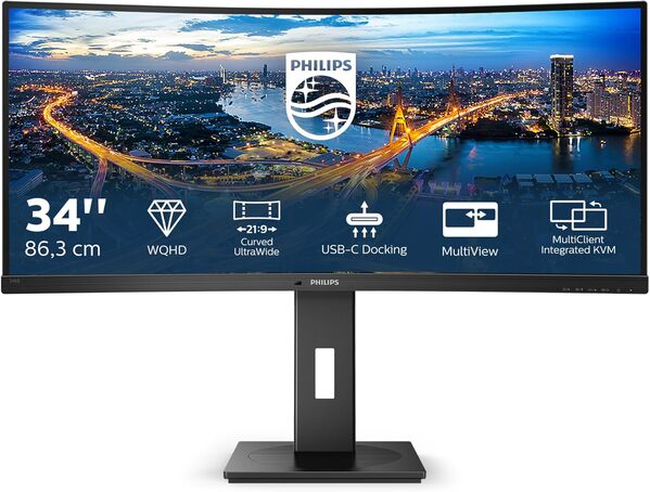 Philips Moniteur incurvé 346B1C 86 cm (34 Pouces) (HDMI, DisplayPort, USB-C, hub USB, 3440 x 1440, 100 Hz, FreeSync, Temps de réponse de 5 ms) Noir