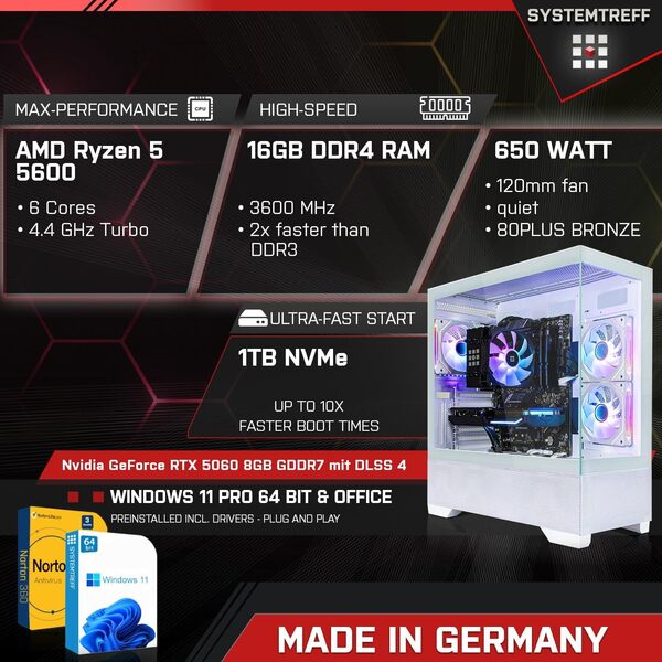 SYSTEMTREFF PC Gamer AMD Ryzen 5 5600 6x4.4GHz | Nvidia RTX 5060 8GB | 1To M.2 NVMe | 16Go DDR4 RAM | Windows 11 Pro | Ordinateur de Bureau WLAN pour Les Joueurs, Les Gamers & Streamer