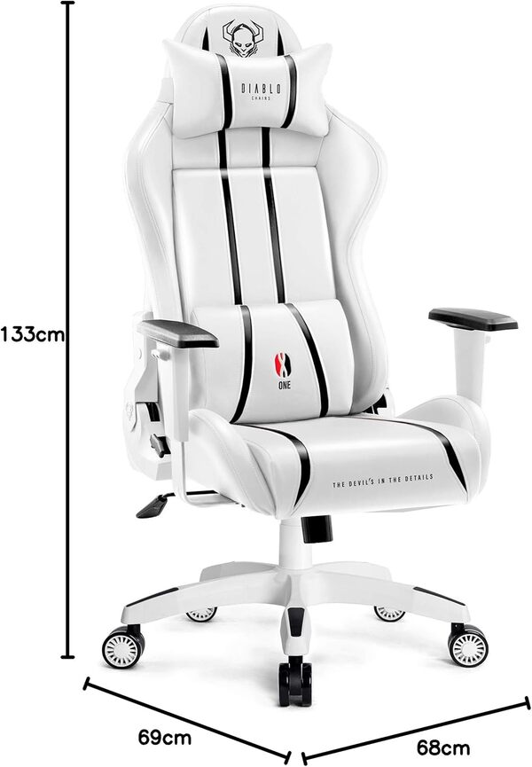 Diablo X-One 2.0 Chaise De Gaming Gamer Fauteuil Siege De Bureau Accoudoirs Réglables Design Ergonomique Cou/Coussin Lombaire Blanc Normal (L)