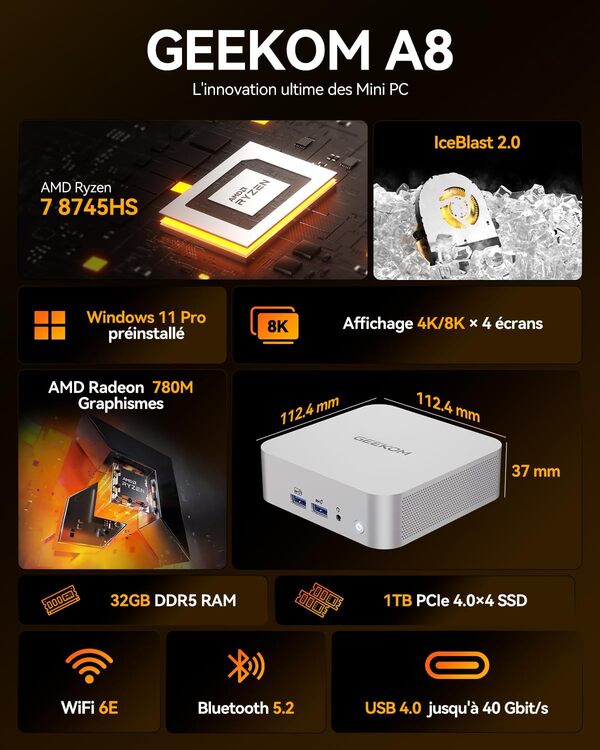 GEEKOM A8 Mini PC avec AMD Ryzen 7 8745HS, 32 Go DDR5 1To SSD, 6X USB | Affichage 8K | Windows 11 Pro | Mini Computer Compact avec AMD Radeon 780M | Mini Ordinateur de Bureau, Idéal Jeux/Bureau/HTPC