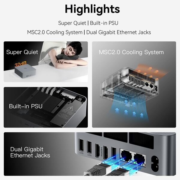 Beelink EQR6 Mini PC, Mini Ordinateur AMD Ryzen 7 6800U (8C/16T jusqu'à 4.7Ghz), 32G LPDDR5 RAM 1TB SSD, WIFI6, BT5.2, Dual LAN, USB3.2, USB2.0, Type-C