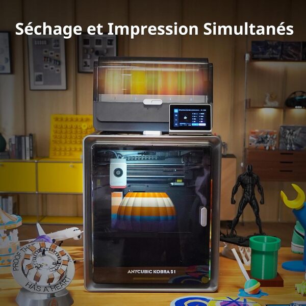 Anycubic Kobra S1 Combo Imprimante 3D, Imprimante FDM Multicolore, 600mm/s Haute Vitesse, Construction CoreXY Fermée, Séchage Actif, LeviQ 3.0, Compatible pour Filament PLA/PLA+/PETG/ASA/ABS