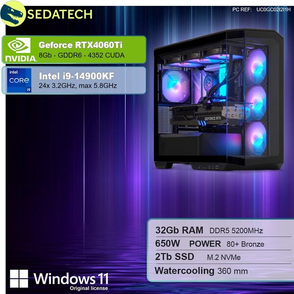 Sedatech PC Gamer Advanced Watercooling Full Vision • i9-14900KF • RTX4060Ti • 32Go DDR5 • 2To SSD M.2 • Windows 11