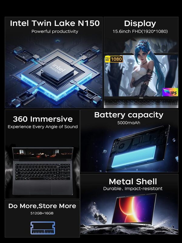 AOC 2025 Ordinateur Portable 15.6 Pouces Quad-Core N150 (3,6GHz Dépasser N100/N97/N5095) 16Go RAM DDR4 + 512Go M.2 SSD PC Portables,FHD,USB 3.2,WiFi 5,BT5,HDMI,Type C, Boîtier en Métal Laptop