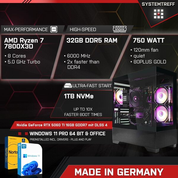 SYSTEMTREFF PC Gamer High-End AMD Ryzen 7 7800X3D 8x5GHz | Nvidia RTX 5060 TI 16GB | 1To M.2 NVMe | 32Go DDR5 RAM | Windows 11 Pro | Ordinateur de Bureau pour Les Joueurs, Les Gamers & Streamer