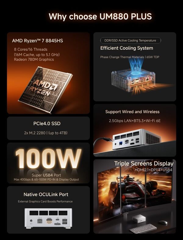 MINIS FORUM Mini PC UM880 Plus AMD Ryzen 7 8845HS (8C/16T, jusqu'à 5,1 GHz), AMD Radeon 780M, 32GB DDR5 1TB SSD Mini Ordinateur de Bureau Oculink, HDMI+DP+USB4, Wi-Fi6E, BT5.3, 2,5G LAN Mini Computer