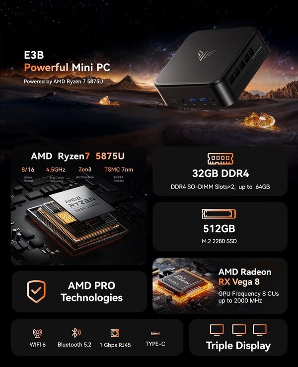 E3B Mini PC 32 Go DDR4 512 Go SSD, Ryzen 7 5875U(Jusqu'à 4,5 GHz,8C/16T) Micro Ordinateur Bureau, AMD Radeon RX Vega 8 PC pour Bureau/Home Cinéma/Affaires/Voyage【WiFi 6/Buetooth 5,2/DP+HDMI+USB-C】