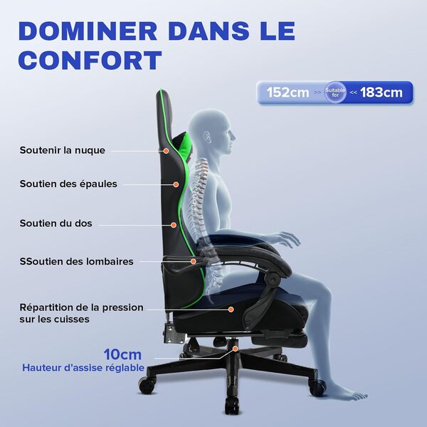 LUCKRACER Chaise de Gaming avec Repose-Pieds, Ergonomique, avec Coussin Lombaire réglable, Oreiller, Chaise de Jeu, Chaise Gamer réglable en Hauteur, Charge maximale de 150 kg