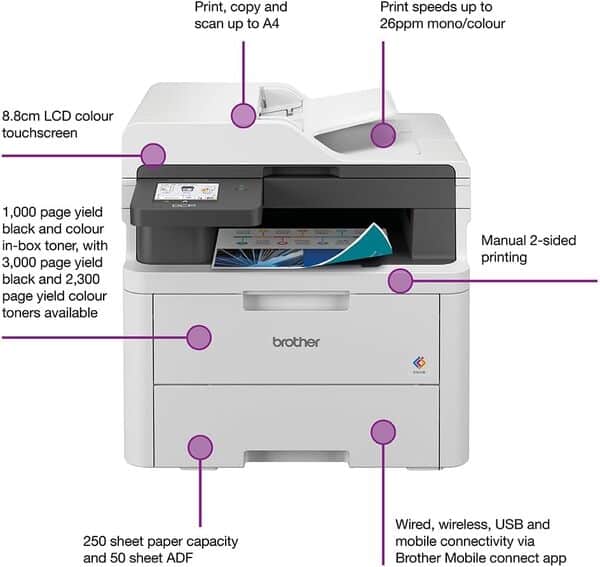 Brother DCP-L3560CDW LED A4 600 x 2400 DPI 26 ppm Wi-Fi (DCP-L3560CDW LASER MFP LED SLD - INK MONOCH MFP 26PPM 600X2400) - Versione UK