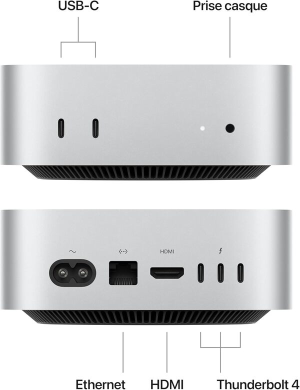 Apple Mac Mini Ordinateur de Bureau avec Puce M4, CPU 10 cœurs et GPU 10 cœurs : Conçu pour Apple Intelligence, 16Go de mémoire unifiée, 256Go de Stockage SSD, Gigabit Ethernet.