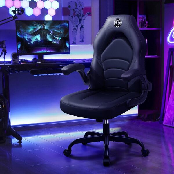 BestGlory Fauteuil gamer d'ordinateur avec accoudoirs relevables Hauteur réglable Noir