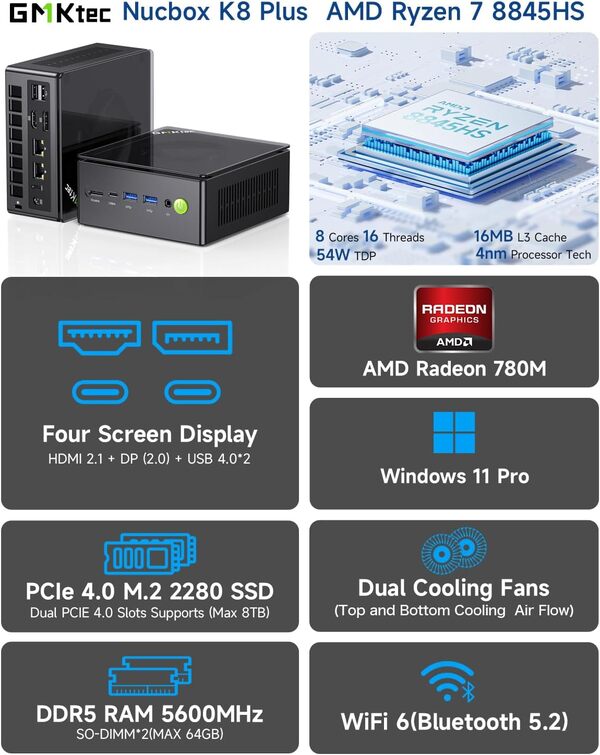 GMKtec Mini PC Ryzen 7 8845HS (8 C/16T, jusqu'à 5,1 GHz) K8 Plus 32G DDR5 2T SSD W11 Pro | Quadruple écran 4K | Type-C |Wi-FI 6| Bluetooth 5.2|Double Carte réseau 2,5 GHz|HDMI 2.1 | USB 4.0
