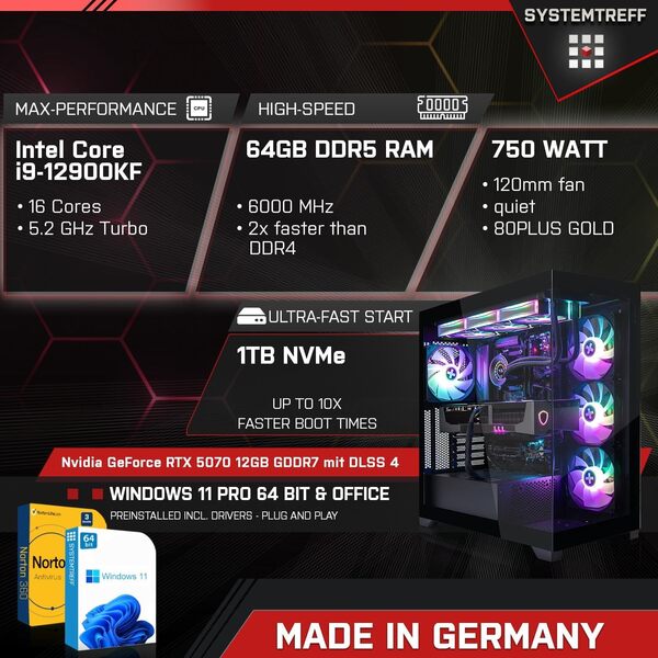 SYSTEMTREFF PC Gamer High-End Intel Core i9-12900KF 16x5.2GHz | Nvidia RTX 5070 12GB | 1To M.2 NVMe | 64Go DDR5 RAM | Windows 11 Pro | Ordinateur de Bureau pour Les Joueurs, Les Gamers & Streamer