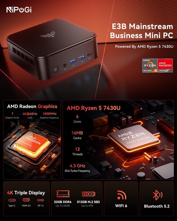 NiPoGi E3B Mini PC par ΑΜD Ryzen 5 7430U(Max 4.3GHz,6C/12T, Mieux Que 5500U/5650U/5675U),32Go RAM(16Go+16Go) /512Go SSD,Mini Ordinateur de Bureau WiFi 6/BT 5.2/4K Triple Display/VESA Supporté