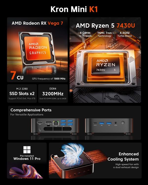 ACEMAGIC K1 Mini PC, AMD Ryzen 5 7430U (6C/12T, jusqu'à 4,3 GHz), 32Go DDR4 512Go M.2 2280 SSD Mini Ordinateur de Bureau BT 5.2/WiFi 6/Type-C/W11 Pro/4K UHD Mini Tour PC avec VESA pour école/Bureau