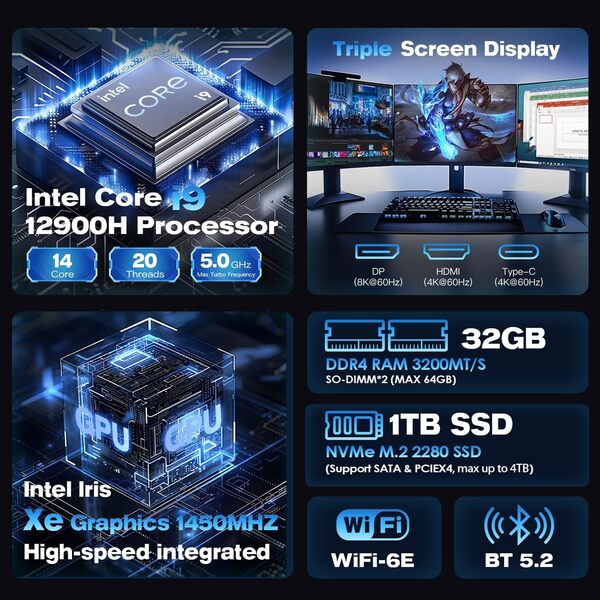 Mini PC GH9, Intel Core i9-12900HK (14C, jusqu'à 5.0 GHz), 32 Go DDR4/1 to NVMe SSD, Triple Affichage 4K HDMI/USB-C/DP, Wi-FI 6, Double LAN 2.5G, Windows 11 Pro, Silencieux pour Bureau et Gaming