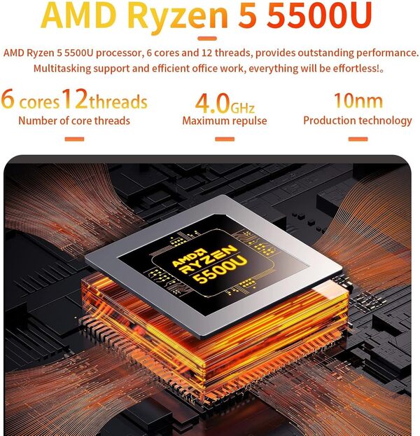AskHand Mini PC Ryzen 5 5500U 16 Go DDR4 RAM (6C/12T up to 4,0 GHz) 512 Go PCIE NVME SSD/WiFi/BT/USB & USB-C /2 * HDTV, 4K @60 Hz Triple Display