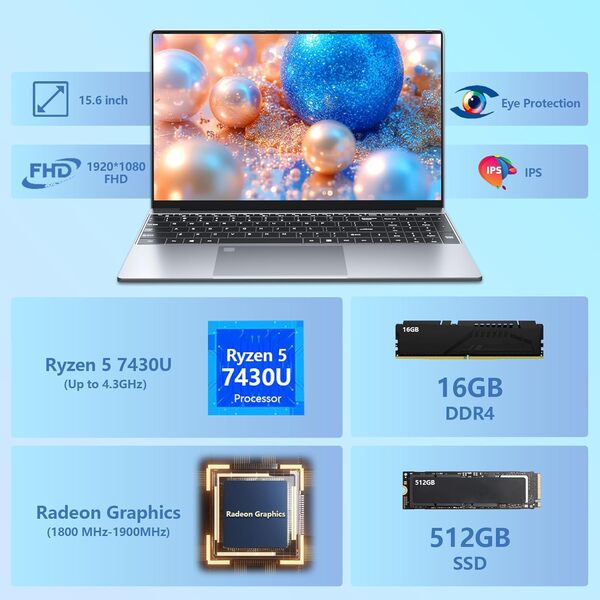 Ordinateur portable 15,6 pouces Ryzen 5 7430U, 16 Go de RAM SSD 512 Go, Carte Graphique Radeon, PC Portable écran IPS Full HD, Type-C, USB 3.0, HDMI, clavier numérique rétroéclairé, Win11 Laptop