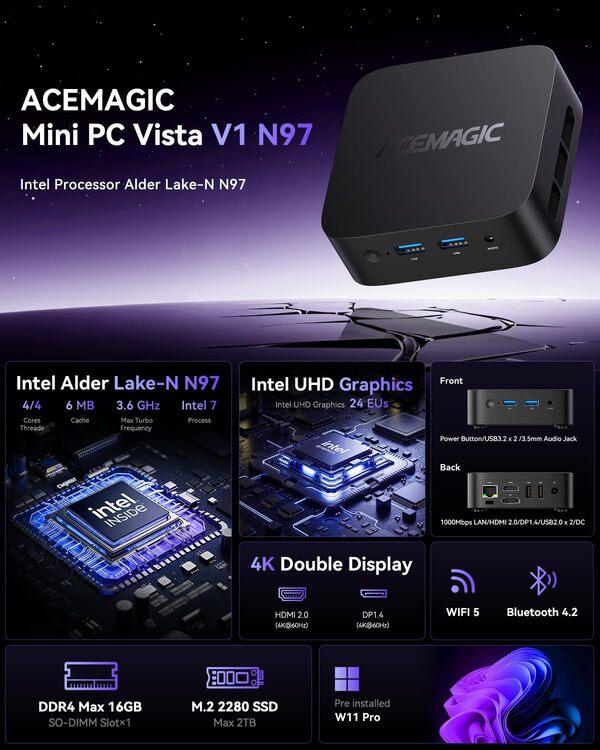 ACEMAGICIAN Vista Mini V1 Mini PC,Ιntel Alder Lake-N97(jusqu'à 3,6 GHz),16Go DDR4 1To SSD, Шin11 Pro Micro Ordinateur de Bureau | HDMI + DP | USB3.2