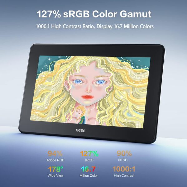 UGEE U1600 Tablette Graphique avec Ecran 15,4 Pouces Moniteur Dessin Entièrement Laminé sRGB 127%, Stylet sans Pile à 8192 Niveaux avec Gomme Numérique pour Android/Windows/Mac/Chrome OS