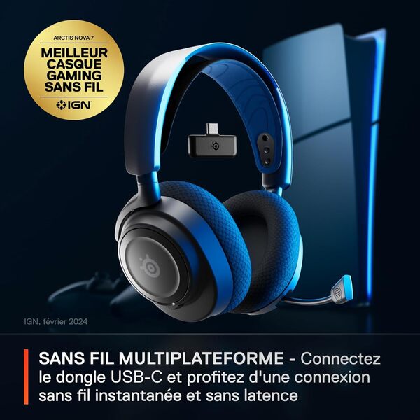 SteelSeries Arctis Nova 7P- Casque Gaming Sans Fil multiplateforme- Haut-parleurs magnétiques en néodyme- Bluetooth et 2.4GHz simultanés - Autonomie 38h- Micro ClearCast Gen2 IA- PS5,PC,Switch,Mobile