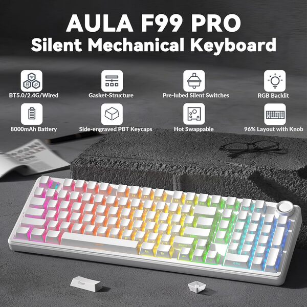 AULA F99 Pro Clavier mécanique sans fil version silencieuse, BT5.0/2,4 GHz/USB-C, clavier personnalisé remplaçable à chaud, structure de joint, commutateurs linéaires pré-lubrifiés rétroéclairés RVB