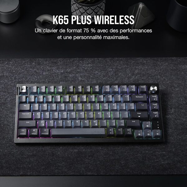 Corsair K65 Plus Wireless 75% RGB Mechanical Gaming Clavier – Commutateurs Linéaires MLX Red Pré-Lubrifiés – Keycaps PBT Dye-Sub – Compatible iCUE – PC, PS5, PS4, Xbox – AZERTY FR – Noir/Gris