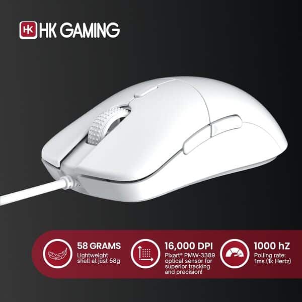 HK GAMING Mira XM1 Souris de jeu ultra légère | 58 g | max 16 000 ppp | Filaire USB 1 kHz | 6 boutons | Poignées antidérapantes (blanc)