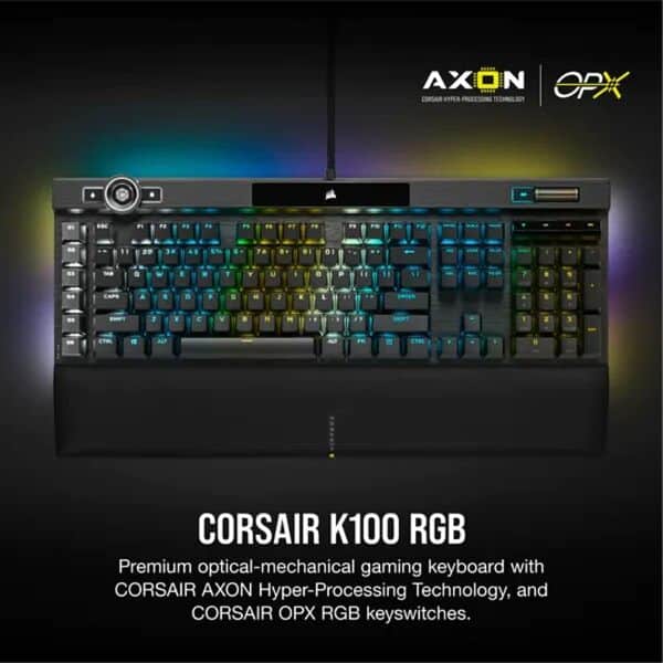 Corsair K100 RGB Clavier Optique mécanique pour Gaming (Touches OPX : Hyperfast & linéaire, Repose-Paume en Similicuir, Touches PBT Double Shot, intégration Elgato Stream Deck) QWERTY Noir