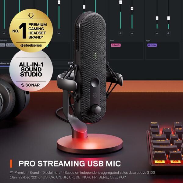 SteelSeries Microphone USB Alias pour PC - Capsule 3X Plus Grande pour Jouer, Streamer et podcaster - Logiciel Audio Sonar pour Streamers - Réduction du Bruit par IA - Support Amortisseur