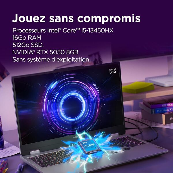 Lenovo LOQ 15IRX10 - Ordinateur Portable Gaming 15.6'' FHD (Intel Core i5-13450HX, RAM 16Go, SSD 512Go, NVIDIA RTX 5050 8GB, sans Système d'Exploitation) Clavier rétroéclairé AZERTY Français - Gris