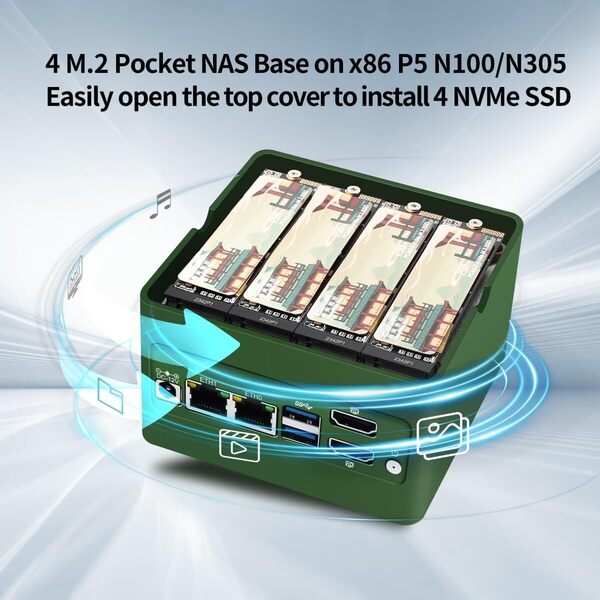 Mini PC NAS N355, 4 NVME Pocket NAS Small PC, Dual 2.5GbE LAN Mirco Desktop Computer 2HD 4K@60HZ, DDR5 Barebone NO RAM NO SSD, USB3.2 10Gbps, Support Expansion WiFi/BT