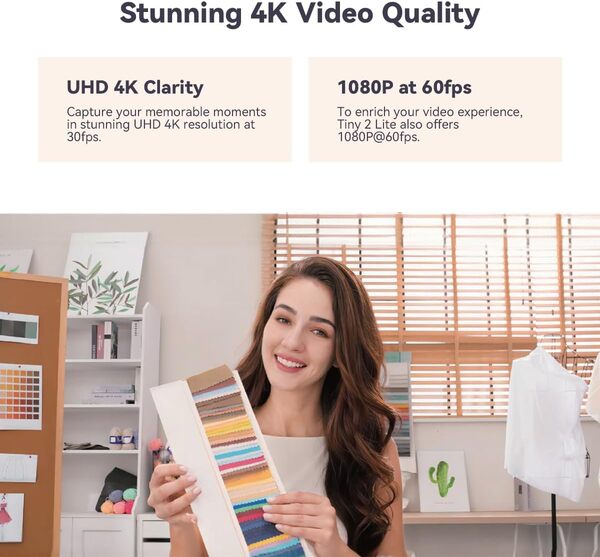 OBSBOT Tiny 2 Lite, PTZ 4K Webcam 1080P@60fps HDR, PC Caméra avec Suivi IA, micros avec réduction du Bruit IA, trépied, contrôle gestuel, autofocus, Plug & Play, idéal pour Le Jeu ou Le Streaming