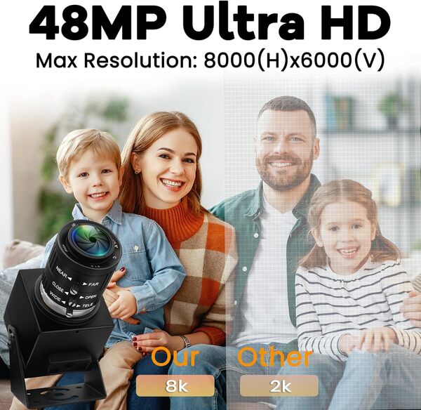 ELP Caméra USB 48 MP 8K Ultra HD USB avec Objectif Zoom Manuel 3,6 à 10 mm 3X Webcam pour Ordinateur Lightburn Caméra Gros Plan pour graveur Laser Plug and Play pour numériser des Documents Gesic