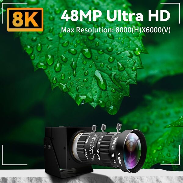 ELP Caméra USB 48 MP 8K Ultra HD Couleur avec objectif optique manuel 10x 6000P Sécurité Caméra vidéo industrielle Gros plan et réduction Plug Play pour Windows Linux Mac