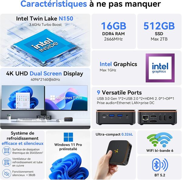 Huidun [Garantie de 3 Ans] H50 Mini PC W-11 Pro, Intel Twin Lake N150 (Mise à Niveau N95/N97), 16 Go RAM 512 Go SSD Mini Ordinateur de Bureau, 4K@60Hz UHD, WiFi 6, BT 5.2, USB+HDMI+DP - Bureau/Maison