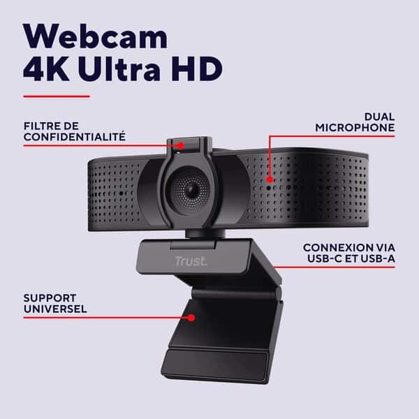 Trust Teza 4K Ultra HD Webcam, 3840x2160, avec 2 Microphones Intégrés et Autofocus, 30 FPS, USB Plug & Play, Web Caméra pour Teams, Zoom, Skype, PC, Laptop, Mac, Macbook - Noir