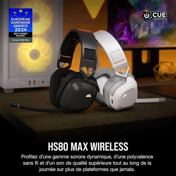 Corsair HS80 Max Wireless Casque de Jeu Multiplateforme avec Bluetooth – Dolby Atmos – Microphone de Qualité Professionnelle – Compatible iCUE - PC, Mac, PS5, PS4, Switch, Mobile – Gris Acier